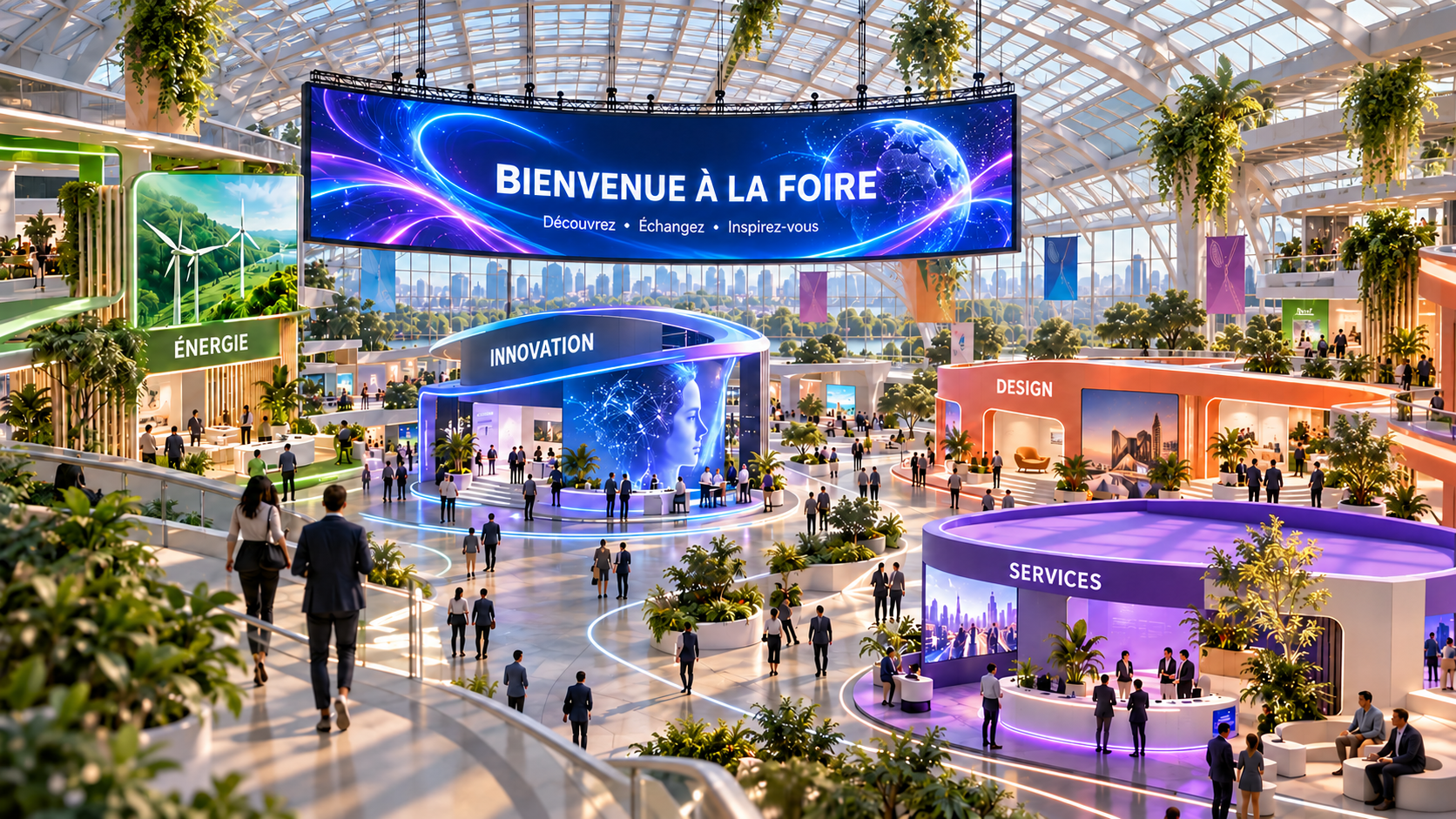 Hall lumineux, écran LED central, stands Énergie, Innovation, Design et Services